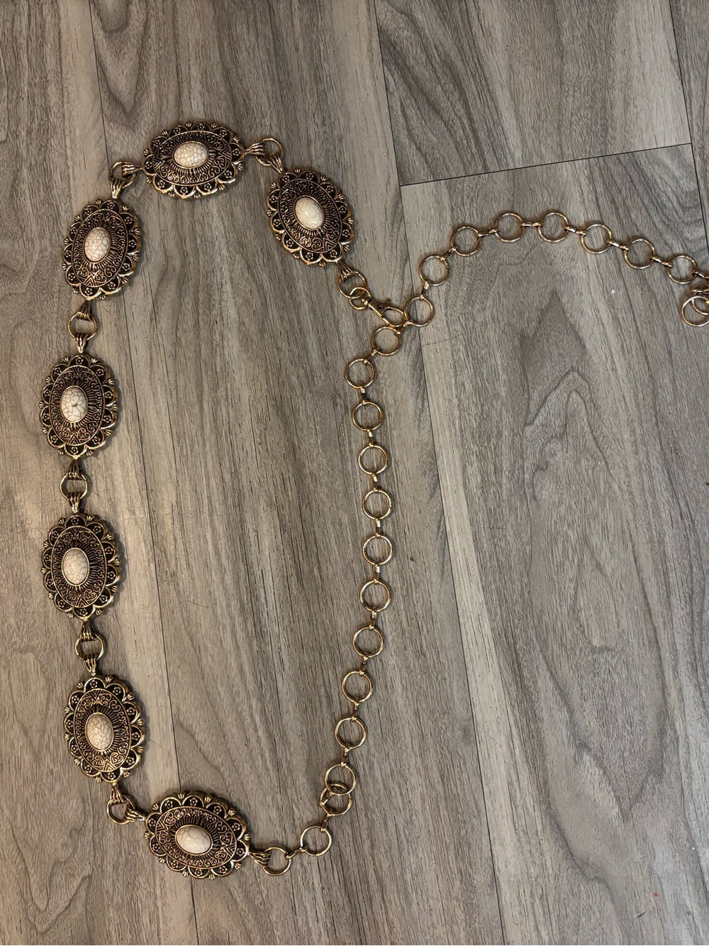 Gold-Tone Medallion Chain Belt with Cream Stone Accents